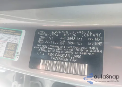 2021 Hyundai Elantra Limited из США, поврежденный, VIN KMHLP4AG6MU138986